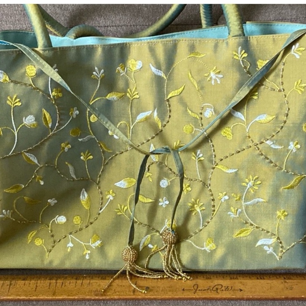 NWT SedaSilk shoulder tote bag floral embroidery celadon green & aqua iridescent